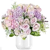 Hawesome 3PCS Artificial Roses Purple Flowers Fake Hydrangea Silk Carnations Bouquet Arrangements...