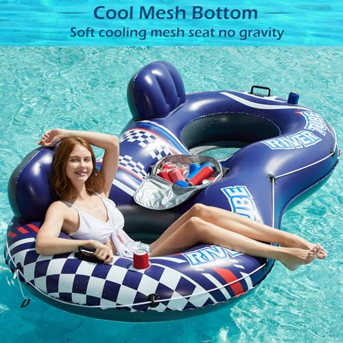 Image of Jasonwell Inflatable River Tube Float - 2 Person Heavy Duty River Float Pool Floats with Removable Cooler Lake Water Tubes for Floating River Raft Lounge Floatie with 2 Cup Holders for Adults (D-Blue)
