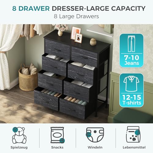 Image of OLIXIS 8 Drawer Dresser TV Stand, Entertainment Center, Media Console Table with Metal Frame and Wood Top,Chest of Drawers for Bedroom, Living Room, Black Wood Grain
