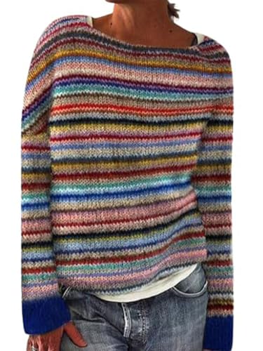 Womens Fair Isle Sweaters Trendy Fall Winter Casual Vintage Striped Crewneck Long Sleeve Oversized Pullover Knitted Top