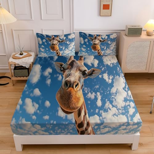 Sabana Bajera 90X190Cm Ajustable Jirafa Natural Bajera Cama Niños, Profundidad De 30 Cm Sabanas Microfibre Suave Cómoda Azul Cielo, Paisaje Celeste Sabanas Bajeras Elástica