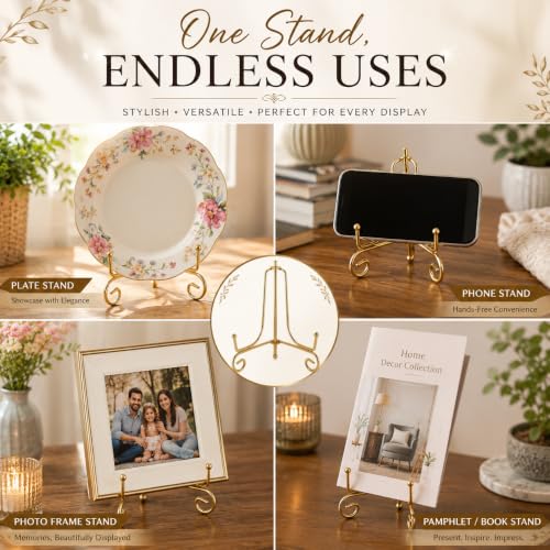 Image of Curated Cart Gold Metal Display Stand for Plates & Frames, 4 inch, Pack of 2 Foldable Tabletop Easel with Curved Design, Decorative Plate Stand for Decor, Photo Frame Stand for Table, Menu & Art Display