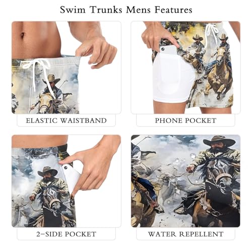 Mens Swim Trunks with Liner, Cowboys Westen Run Cool Quick Dry Beach Swim Shorts, Swimwear Bathing Suits S3