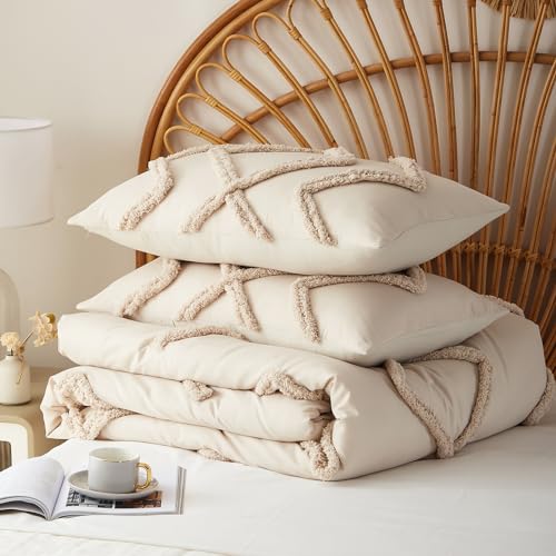 Image of Cupocupa 3-Piece King Size Comforter Set - Beige Bohemian Tufted Lightweight Jacquard Bedding with 2 Pillow Shams for All Seasons
