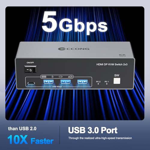 Image of CCONG 8K@60Hz HDMI Displayport KVM Switch 3 Monitors 2 Computers, Aluminum 4K@120Hz with 3 USB3.0 1 USB C Ports for 2 Computers Share Triple Monitors with 2 USB Cables Power Adapter Controller