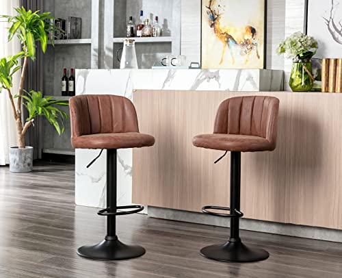 Kmax Pu Leather Barstools Swivel Height Adjustable Counter Stools Channel-Tufted With Black Metal Base Footrest, Brown-Set Of 2 #TOP1