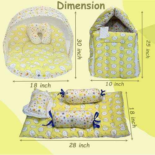 Image of Fareto Combo of Baby Bed with Net | Carry Bag | 4 Pcs Bedding Set (0-6 Months, Baby Size, Cotton) (Yellow Sheep)