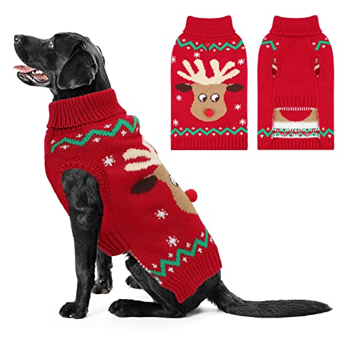 HUMLANJ Christmas Dog Turtleneck Sweater Winter Reindeer Snowflake Sweater with Leash Hole Puppy Knitwear Pullover Holiday Sweaters for Small Medium Large Dogs L