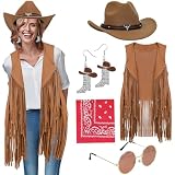 Women's Sleeveless Fringe Waistcoat with Fashion Accessories Set, Casual Open Front Tassel Suit Vest for Women(Brown, M)