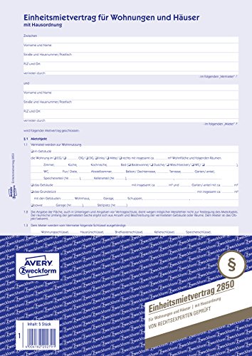 AVERY Zweckform 2850-5 Einheitsmietvertrag für Wohnungen und Häuser (Vertrag mit Hausordnung regelt alle Punkte des Mietverhältnisses 6-seitiges Formular in A4 selbstdurchschreibend) 5 Stück blau