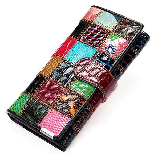 Handmade Patchwork Trifold Large Wallet for Women Colorful Genuine Leather Stitched Credit Card Holder Phone Clutch Purse