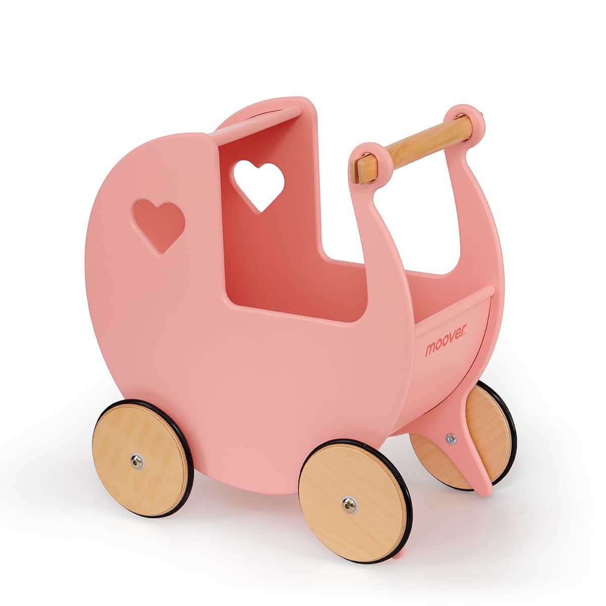 Moover Classic Doll's Pram for Toddlers, Fully Assembled, Made in Denmark from Russian Birch Plywood, Push Along Toy, 18 Months+, 44 x 43 x 24 cm, Coral Pink and Natural Wood