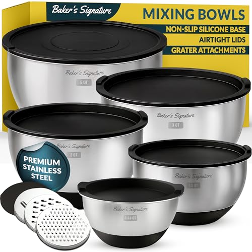 Baker's Signature Stainless Steel Mixing Bowls With Lids Set, 5 Sizes, 3 Graters