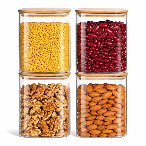 Image of Airtight Square Glass Storage Jar with Bamboo Lid, 750ml Multipurpose Kitchen Container for Coffee, Tea, Sugar, Masala, Spices & Dry Fruits | Modern Transparent Pantry Organizer (Pack of 4)