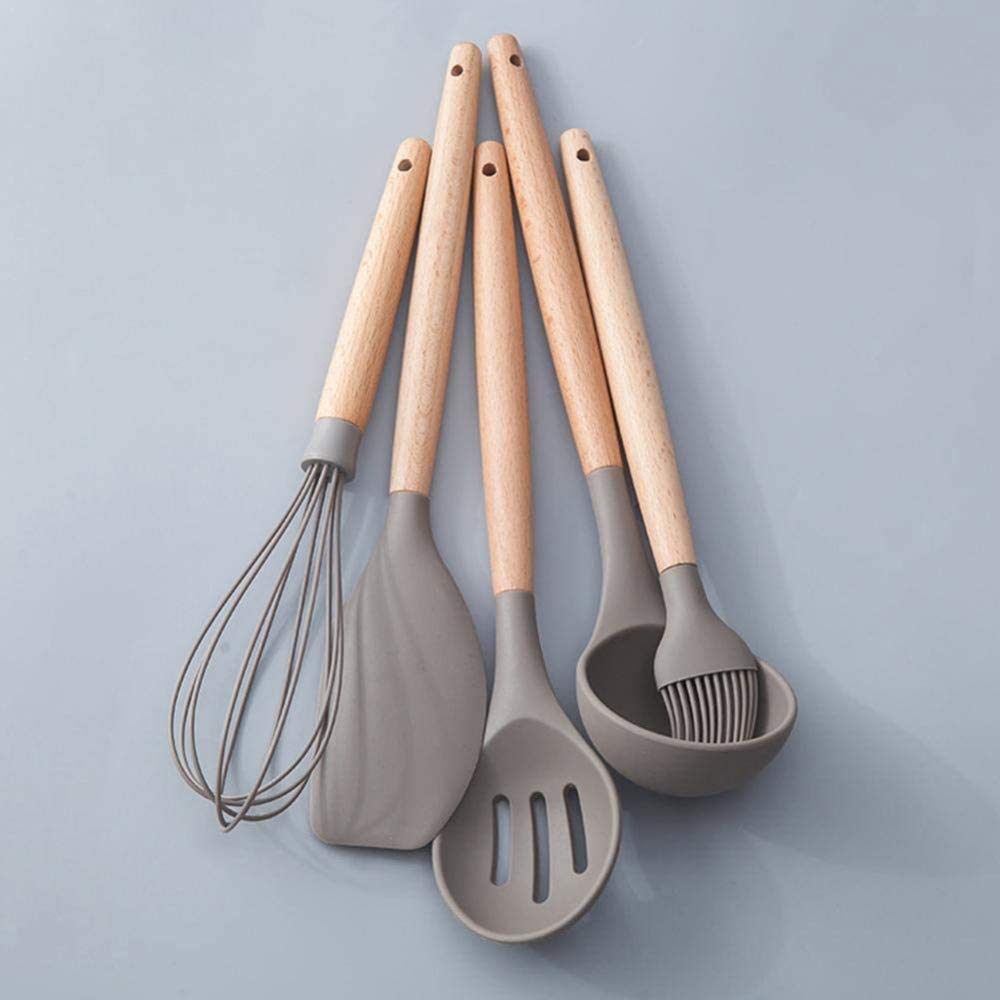 5 Piezas/Juego De Cocina De Silicona Resistente Al Calor Con Mango De Madera, Espátula De Silicona Para Batir, Cepillo Para Huevos Para Colador, Dentro De 240 ℃