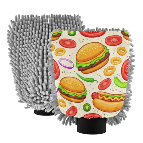 Kigai Cartoon Hamburgers Car Wash Mitt Microfiber, 2Pcs Scratch Free Lint-Free, Premium Chenille Microfiber Mitt Car Wash Brush-M