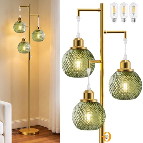 Image of Modern Glass Floor Lamps for Living Room, 3 Lights Standing Lamp, Green