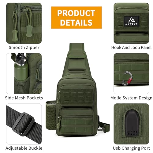 HUNTVP Taktische Brusttasche Herren Sling bag Militär Schultertasche Umhängetasche Tactical Chest Bag MOLLE Crossbody Bag für Alltag Reisen Wandern Camping (Grün)