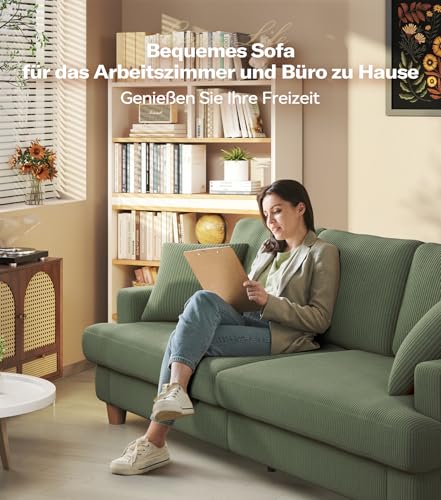 Kidirect Cord Sofa 3 Sitzer, 221CM Bequemes Couch 53CM Extra Tiefe Sitze, Sofa Wohnzimmer Werkzeugfreie Montage, Big Sofa Couch mit 2 Kissen, Modernes Couch fürs Büro, Schlafzimmer Sofas Waldgrün