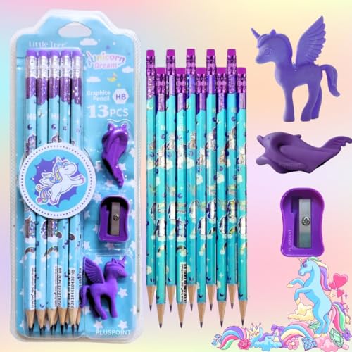 Image of PLUSPOINT 26 Pieces Unicorn Pencils for Girls, 20 Unicorn Pencils with 2 Erasers 2 Grips 2 Sharpeners Colorful Kids Pencils Cute Unicorn School Supplies for Classroom Reward Party Favor (unicorn)