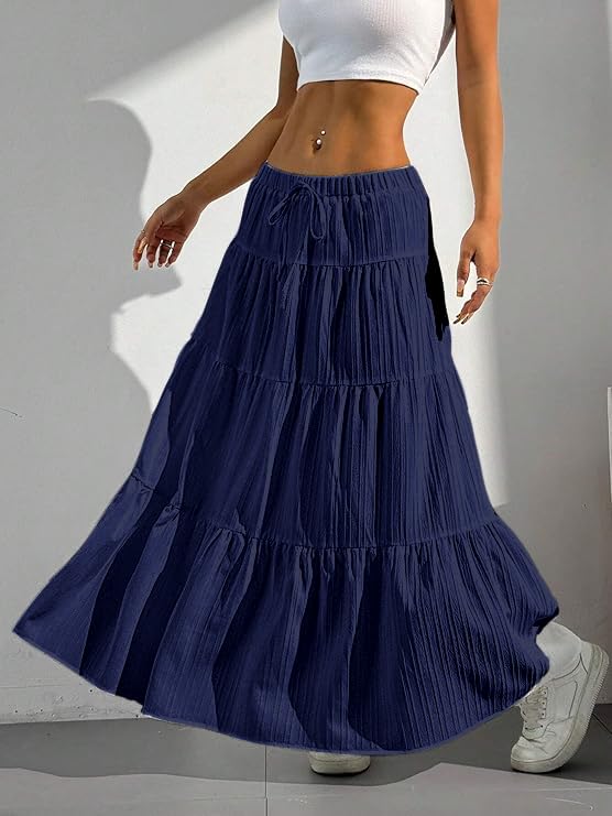 Image of Jawdrobe Women's Georgette Ruffle Hem Long Flared Skirt Lightweight Soft Fabric| High-Waisted Ruffled Maxi Plain and Pleated Skirt