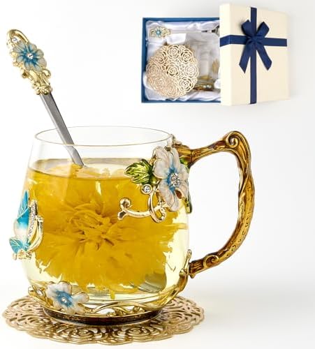 Flower Tea Cup ,Butterfly Daisy Clear Glass Fancy Coffee Mug with Spoon,Gift Box, Hot And Cold Drinks Use,For Her Mom Wife Grandma Girls Friends Valentines Christmas Birthday Present Idea for Juice