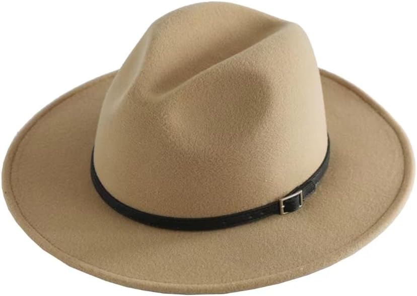 Women's Fashion Flat Wide Brim Hat Classic Wool Felt Panama Hat with Belt Buckle