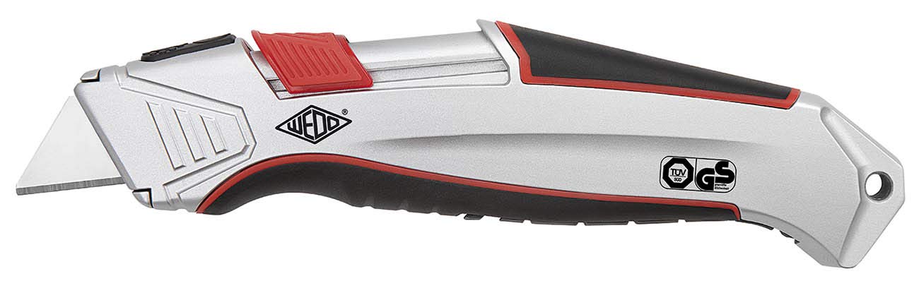 Wedo 078825 78825 Safety Cutter aluminio, cuchilla retráctil automática, cuerpo de aluminio , zona de agarre de goma,integrado Magazin, certificado GS/TÜV, incluye 1 hoja de repuesto, plata/negro/rojo