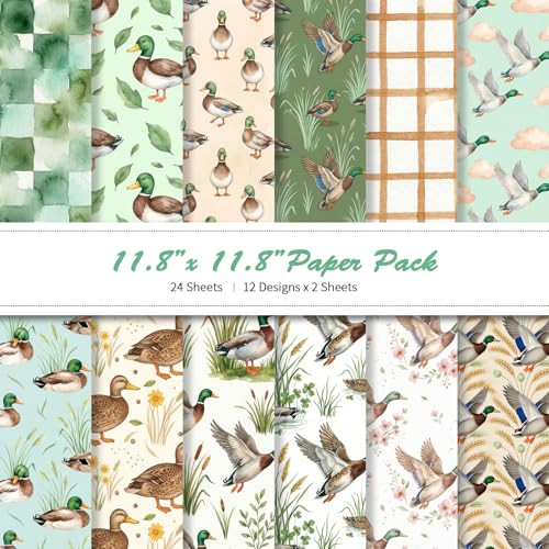 LENSARKU 24 hojas de papel con patrón de pato y naturaleza, acuarela de vida silvestre, especial papel decorativo de doble cara para diarios basura, envoltura, fabricación de tarjetas, álbum de fotos