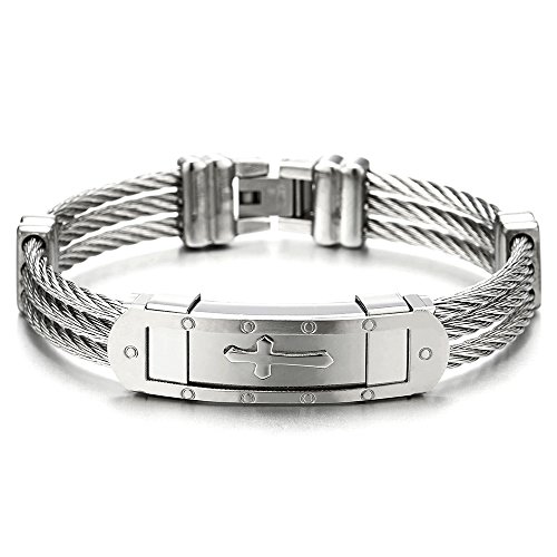 Coolsteelandbeyond Mens Stainless Steel Id Identification Cross Bracelet With Three Twisted Cables Masculine #TOP1