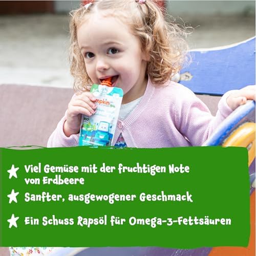 Pumpkin Organics Bio Gemüse-Quetschies 70% Gemüse - 8er Pack Süßkartoffel, Kürbis, Karotte, Erdbeere - ohne Zuckerzusatz¹ - ab 6 Monaten - als Snack oder Beikost für unterwegs - (8x100g)