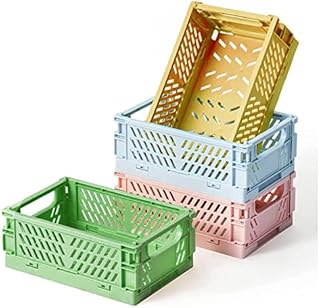 4pcs Mini Foldable Desk Crates Storage Box, Plastic Stackable Table Basket Organizer , Small Desktop Organizer Basket Foldable Desk Crates for Office Bedroom(15*10*5.7cm)