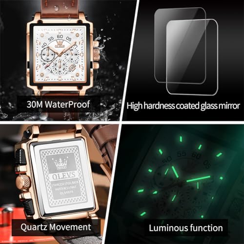 Image of OLEVS Watches for Men Quartz Chronograph Leather Fashion Dress Watch Date Waterproof Luminous Casual Square Business Wrist Watches