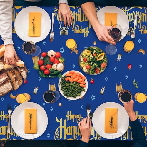 Image of 3 PCS Hanukkah Decorations, 108 inch x 54 inch Blue Gold Hanukkah Tablecloth, Disposable Happy Chanukkah Plastic Tablecloth, Lights Candles Design Rectangle Chanukkah Tablecovers for Jewish Festival Supplies