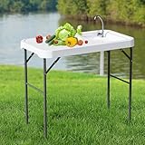 Linkriseed Folding Fish Cleaning Table with Sink, Portable Camping Sink Table with Measure Mark, Drainage Hose and Knife Groove, Outdoor Fish Fillet Cleaning Station for Picnic Fishing, White