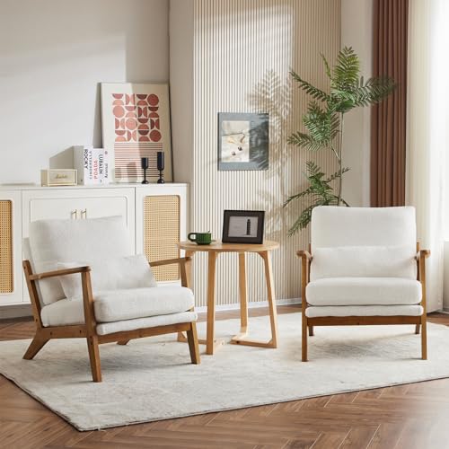 Image of Karl home Mid-Century Lounge Accent Chair, White | Wide Curved Armrest, Teddy Fleece, Lumbar Pillow Included, Solid Wood Frame, For Living Room, Bedroom, Balcony, Apartment