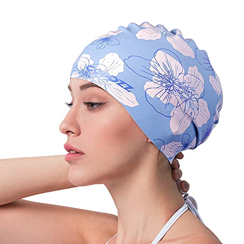 COPOZZ Badekappe für Kinder/Erwachsene, Silikon, wasserdicht, bequem, für langes und kurzes Haar (blaue Blume, 12 Jahre) Cover