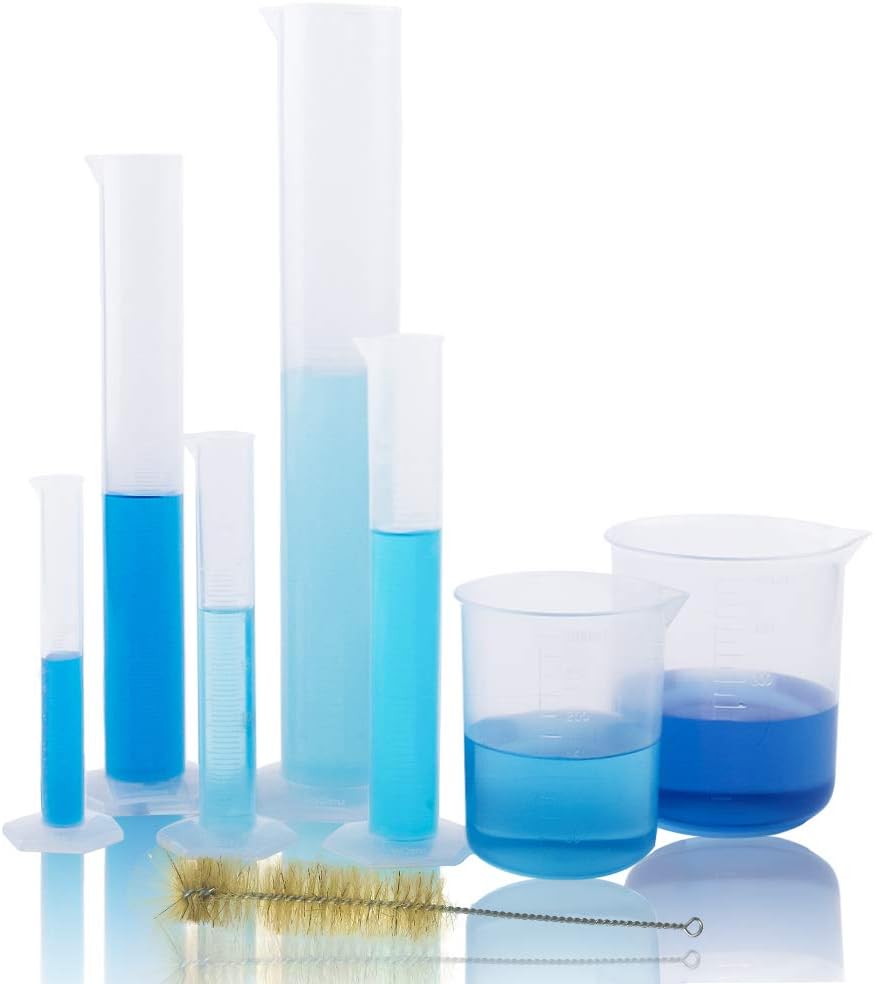 JPSOR 5 Pcs Clear Plastic Graduated Cylinder, 10, 25, 50, 100, 250ml, with 2 Plastic Beakers & 1 Cylinder Brush