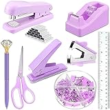KUANVE Kit de suministros de oficina de escritorio púrpura para mujeres, grapadora de escritorio morada, dispensador de cinta, removedor de grapas, perforador, tijera, bolígrafo de diamante, clips de