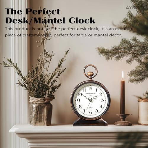 Image of AYRELY 7-Inch Vintage Mantel Clock with Handle,Antique Metal Desk Clocks Battery Operated,Retro Table Clock for Bedroom Living Room Shelf Farmhouse Fireplace Decor