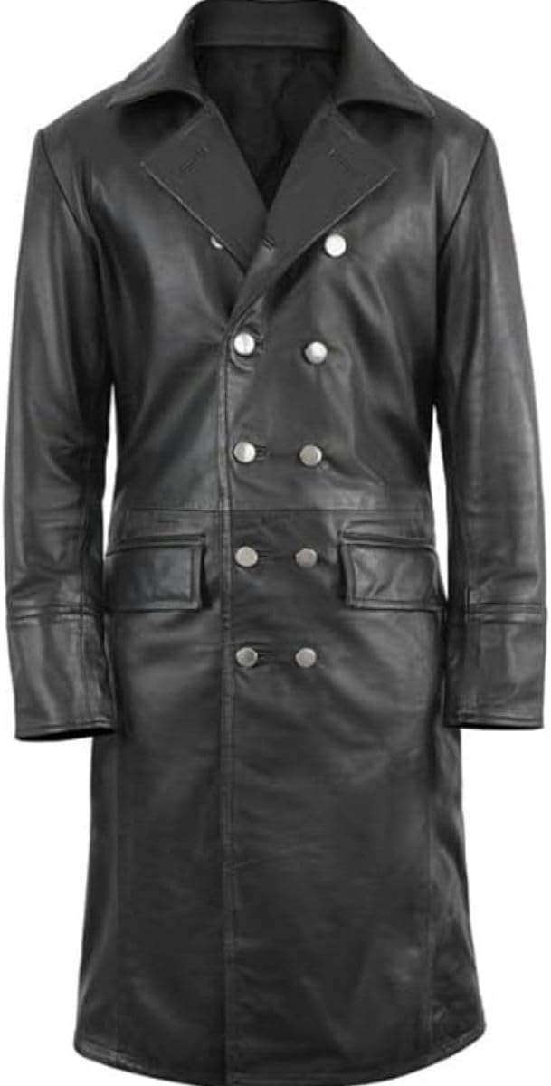 Hide & Seek Men’s Vintage European Officer Black Style Trench Coat - Classic Brando Officer Full Length Leather Long Coat