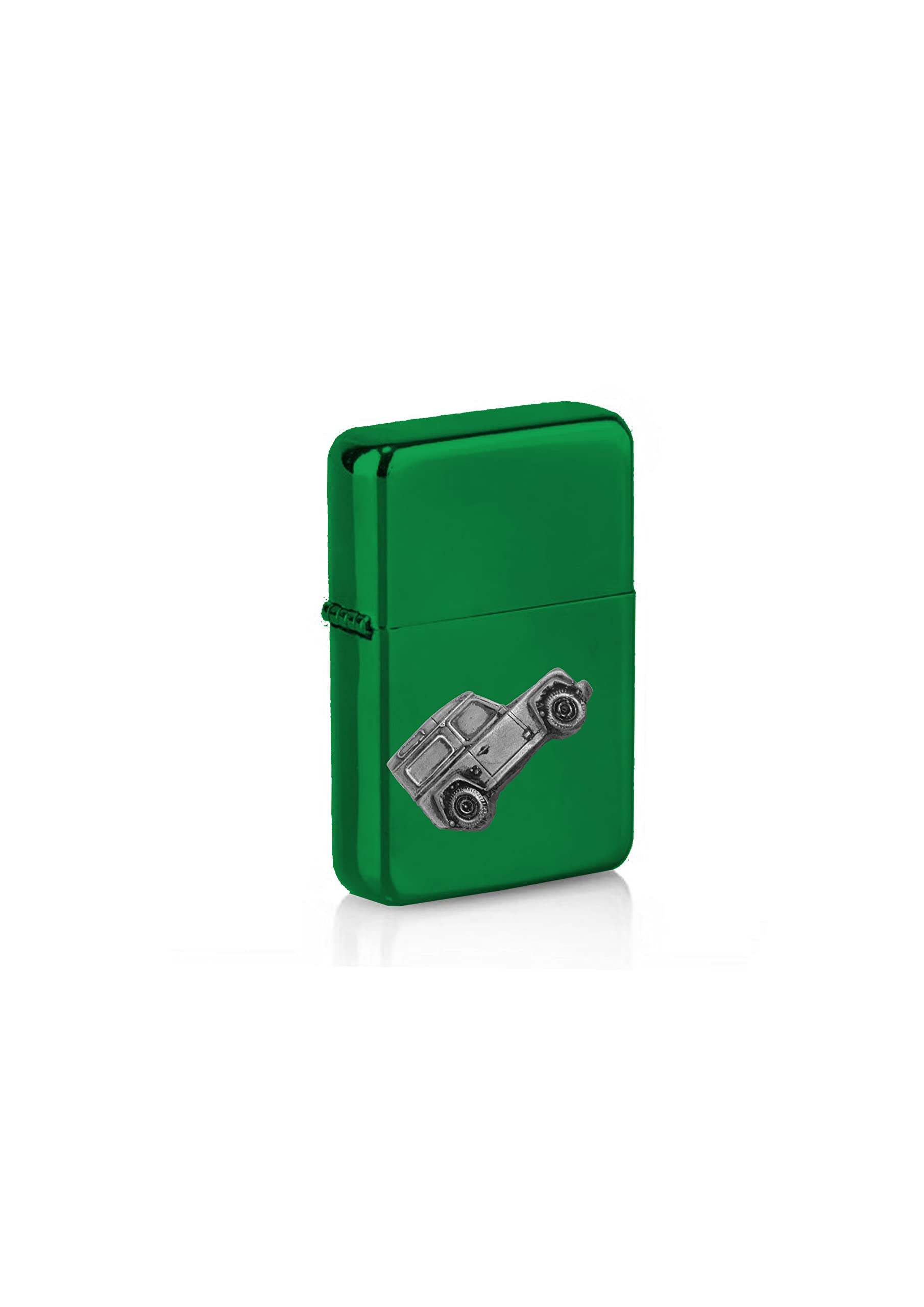 ref115 Defender pewter effect flat Car Pendant On A petrol wind proof Green Lighter