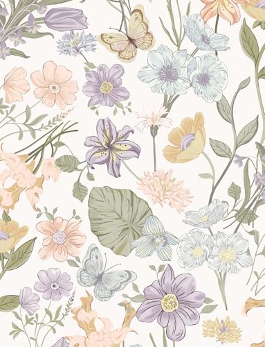EchoSphere 16.9' x118' Light Peel and Stick Wallpaper Boho Floral Removable Wallpaper Colorful Flowers Botanical Contact Paper Butterfly Self Adhesive Wall Paper for Bedroom Walls DIY Decor, White