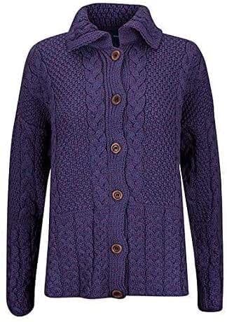 Scottish Essence Men's Purple Heather Ladies Pure British Wool Aran Cardigan With Fly Collar, Uk Made (Uk, Alpha, S, Regular, Regular, )