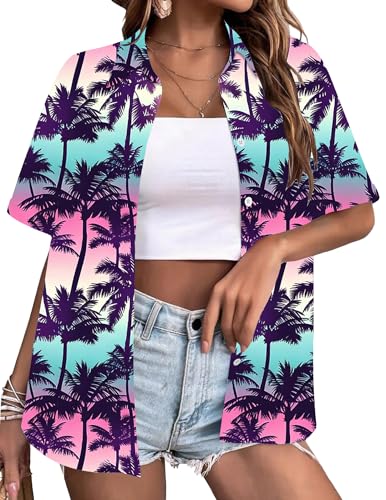 Image of LAWOZZOS Hawaiian Shirts for Women Floral Blouse Tropic Button Down Shirt Summer Beach Short Sleeve Tops