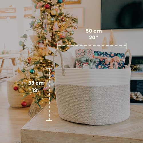 Image of OrganiHaus Round Toy Basket & Blanket Basket, Cotton Rope 20x13 inch | Brown / Off-White - Round Cotton Rope Basket, 20x13 inch