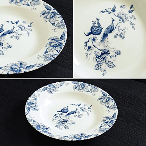 Fanquare 8" Bone China Soup Bowls Set Of 4, Rimmed Soup Plates Set For Salad, Pasta, Ramen, Blue Porcelain Floral Deep Plates #TOP2
