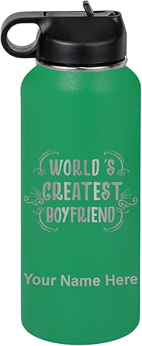 Miniatura 32 de LaserGram Botella de agua personalizada, World's Greatest Boyfriend, acero inoxidable de doble pared aislada al vacío con popote superior, regalo