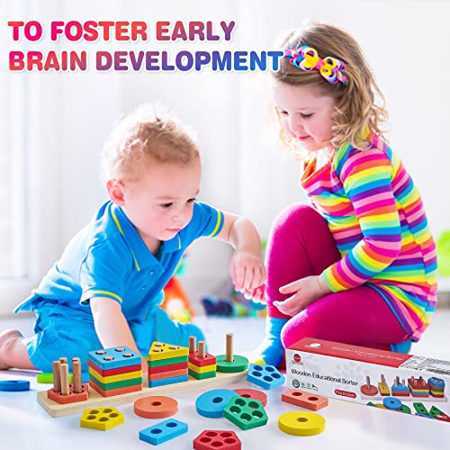 Revanak Montessori Toys For 18+ Months Old - Toddlers Wooden Sorting And Stacking Toys For Baby Boys And Girls - Shape Sorter And Color Stacker Preschool Kids Wood Gifts #TOP1