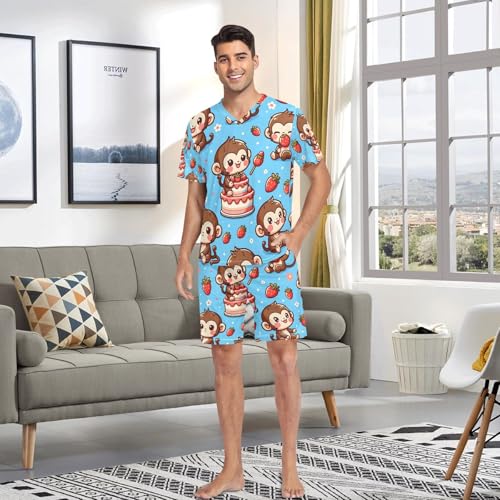 Men's Pajama Set Cute Monkey Strawberries Cake Short Sleeve with Shorts Pockets Sleepwear Set Summer Loungewear4